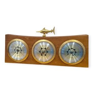 Vintage Cooper USA Weather Station Mid Century Wood Brass Swordfish Nautical